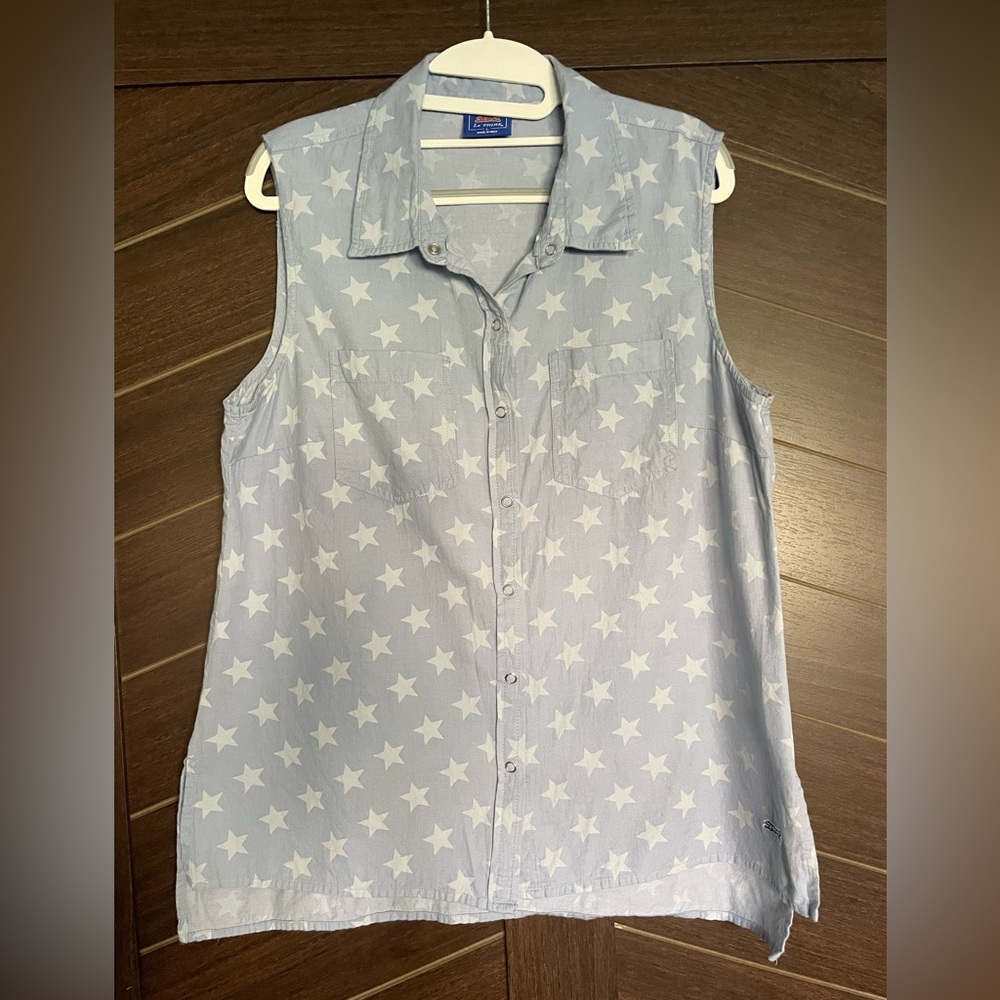 Vintage Le Tigre snap down sleeveless top chambray stars patriotic